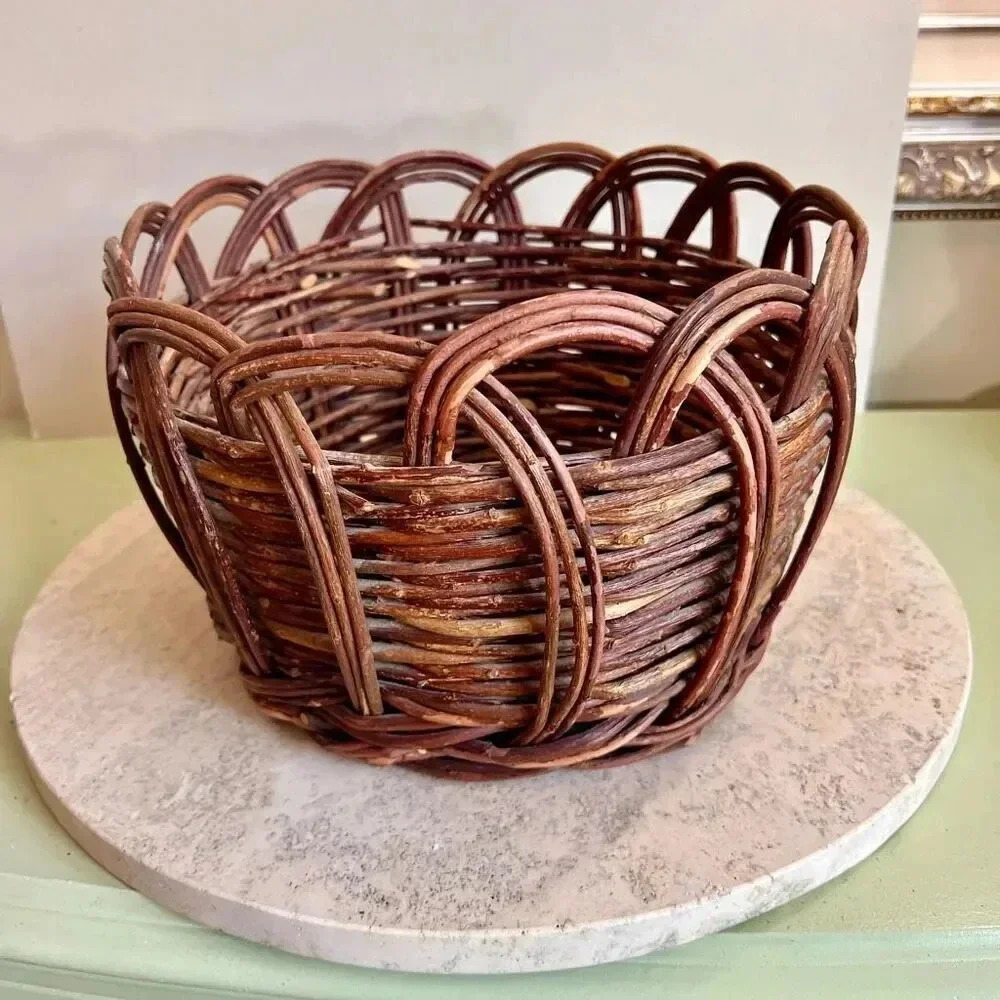 Handmade Wooden Sticks Twigs Round Basket Brown Woven 8 x 12 Inches